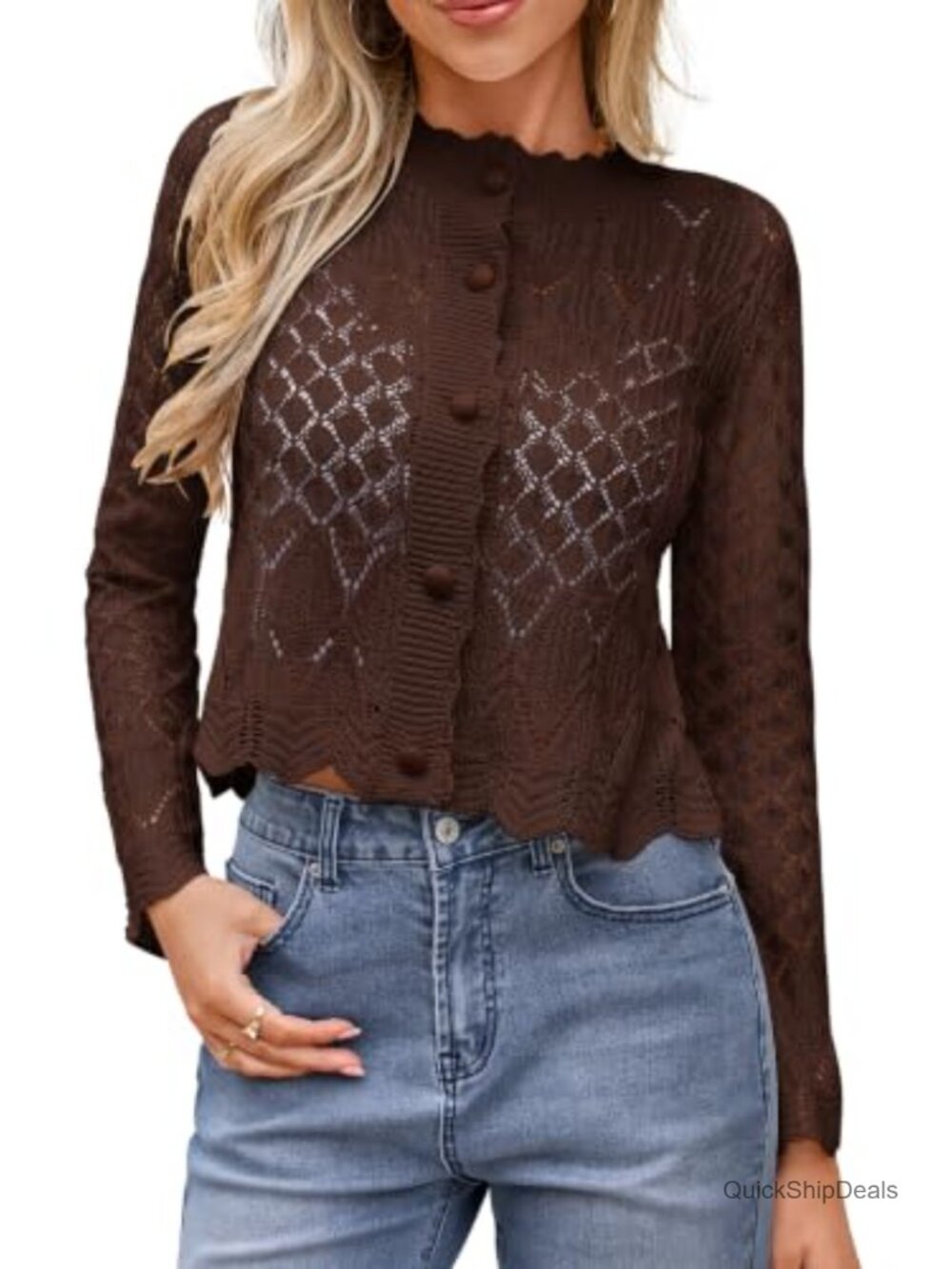 Cropped Cardigan Sweater Women Button Up Pointelle Knit Fall Layer